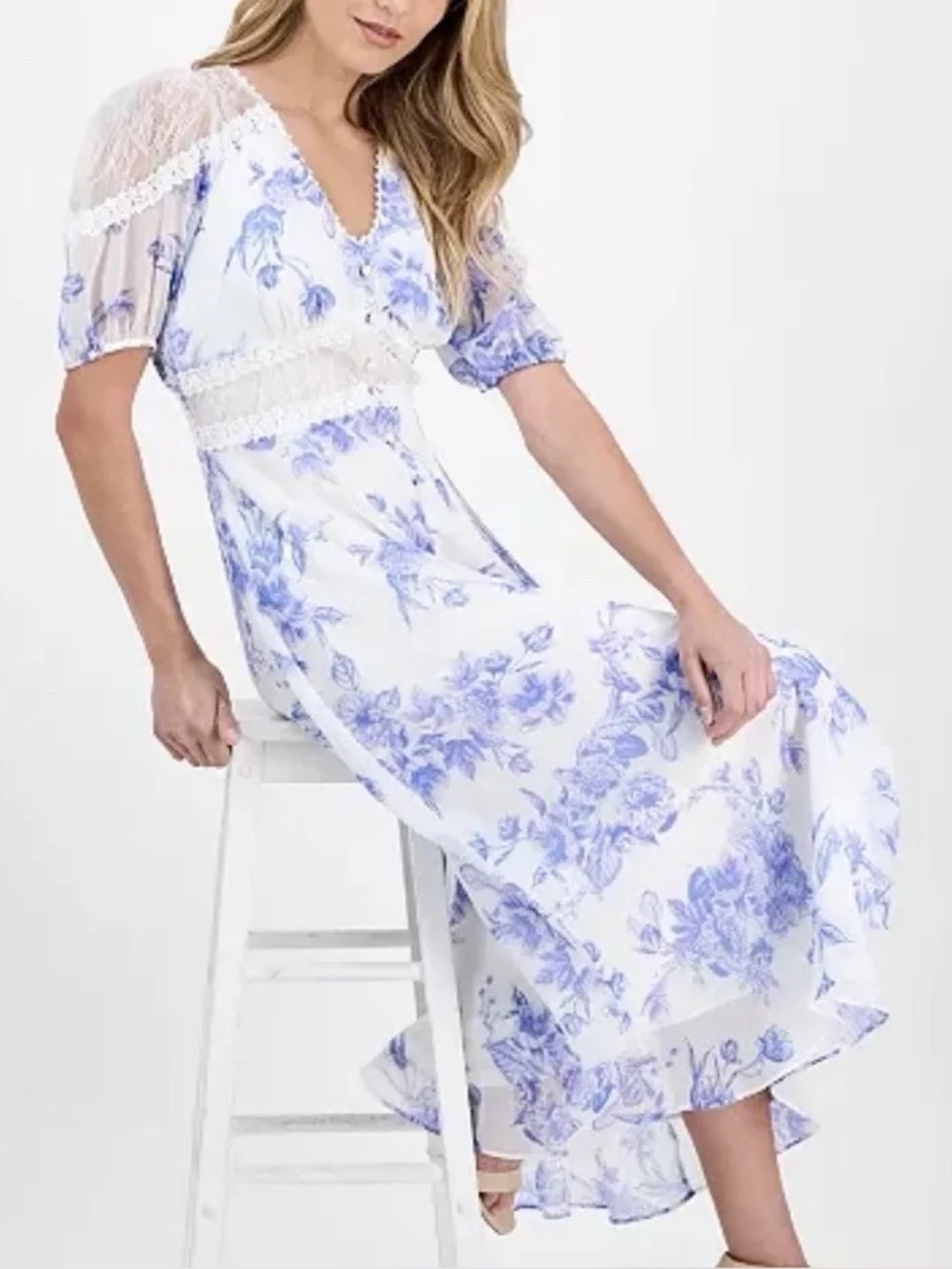 Taylor White Dress with Blue Floral Print and Lace Trim